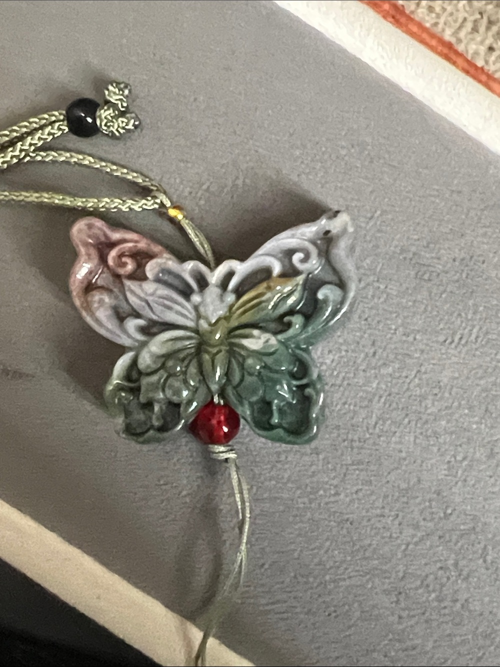 Carved Multicolored Jade Butterfly Pendant Necklace Pink Lavender Green